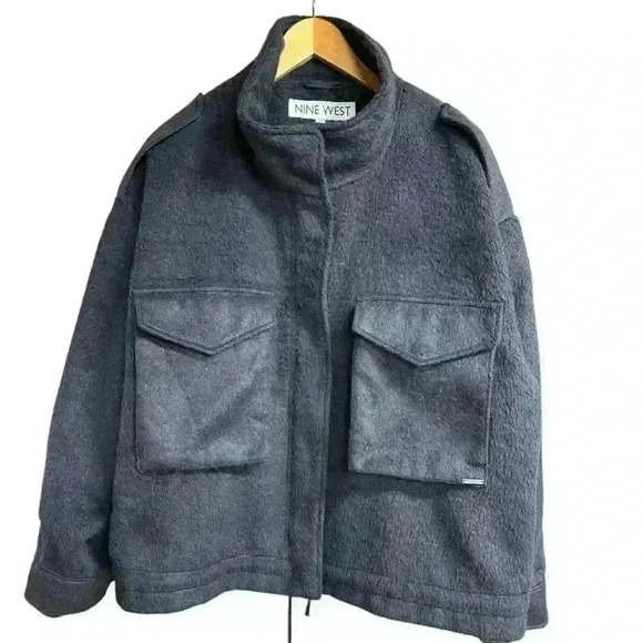 NINE WEST Navy Blue Fleece Bomber Utility Jacket Zip Up Stand up Collar Sz. XL - Picture 4 of 11